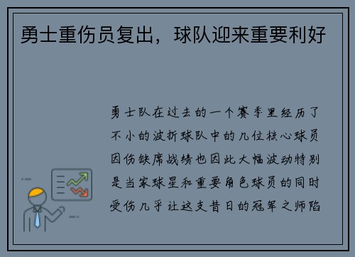 勇士重伤员复出，球队迎来重要利好
