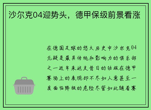 沙尔克04迎势头，德甲保级前景看涨